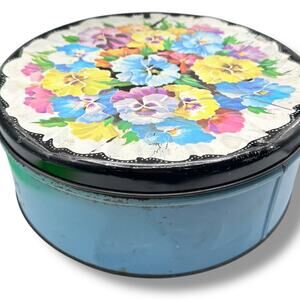 Vintage round cookie candy tin - sweet pansy florals 1950s 1960s